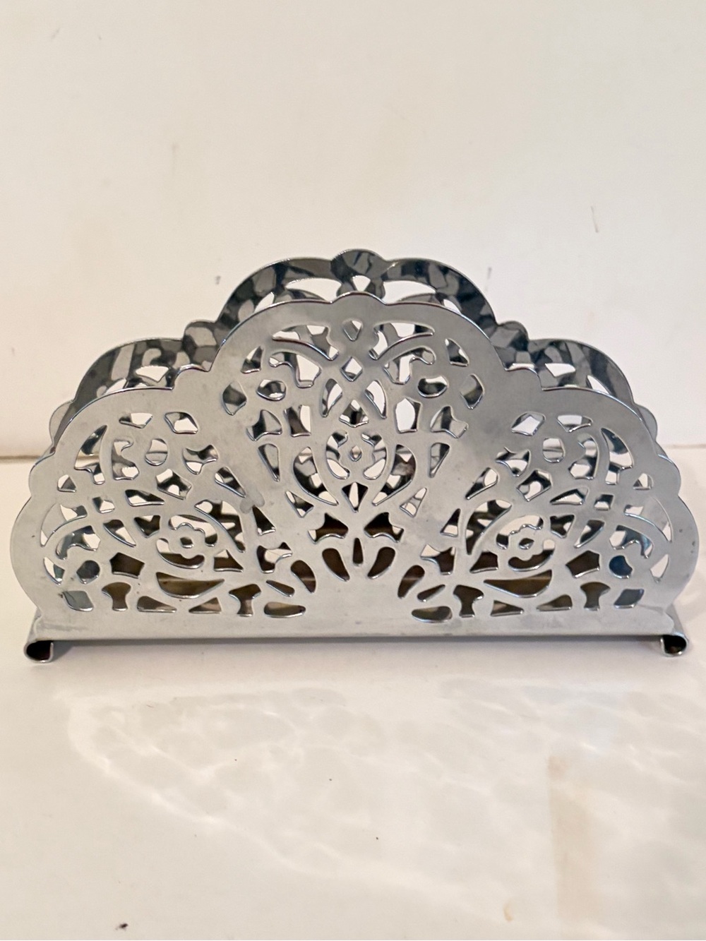 Vintage 70s Irvin Ware Chrome Plated Filigree with Scalloped Edge Napkin Holder
